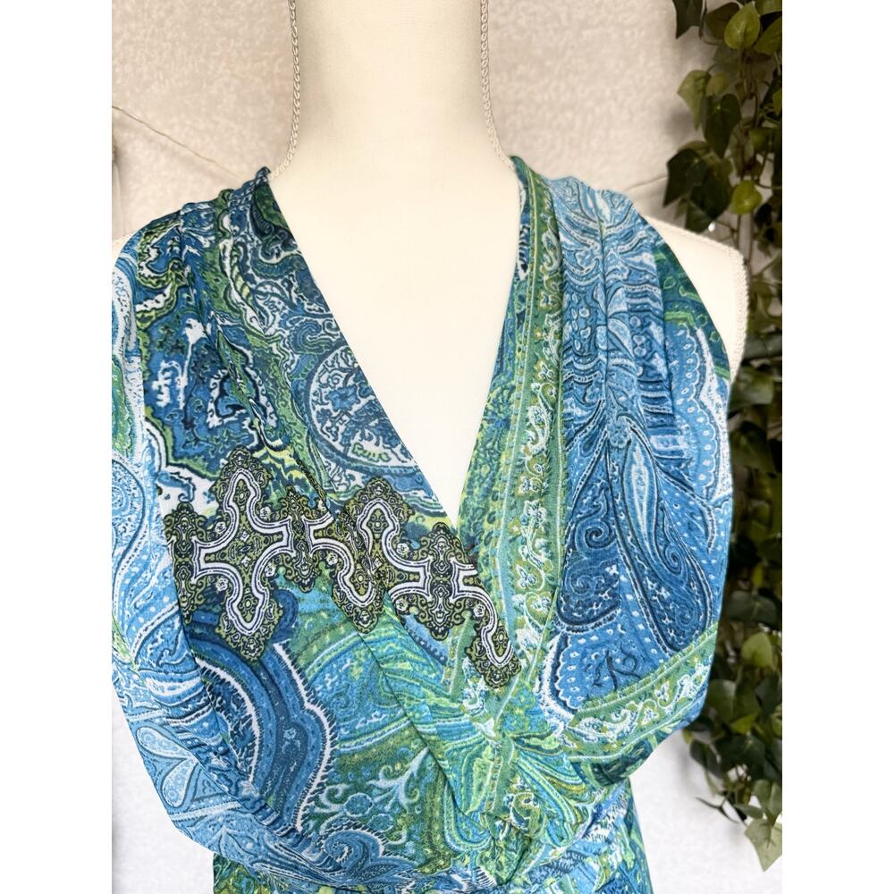 London Times Blue Green Zippered Paisley Print Maxi Dress Women's 8 Medium - Picture 6 of 14